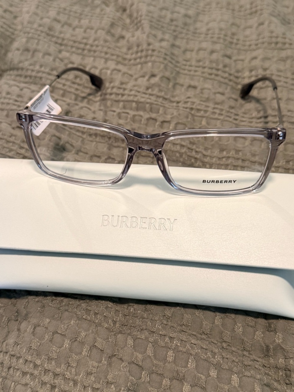 Burberry Transparent Gray Square Glasses with Icon Stripe Temples